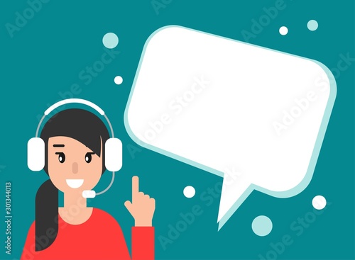 Female operator with headphones, microphone and big speech bubble on blue background.