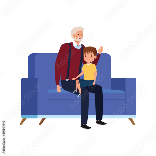 grandfather with grandson sitting in sofa vector illustration design