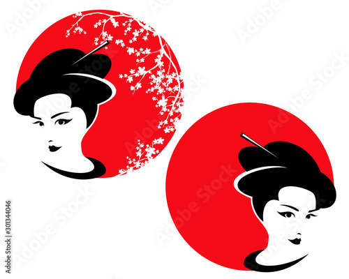 beautiful japanese geisha woman head against red sun and blooming sakura branches - vector outline design set