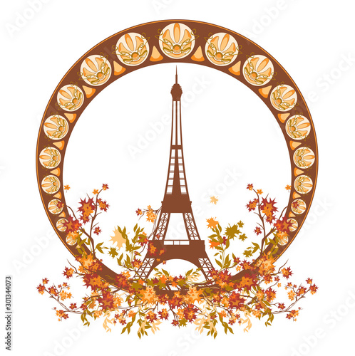 Obraz na plátne eiffel tower among autumn tree branches inside art nouveau style circle frame -