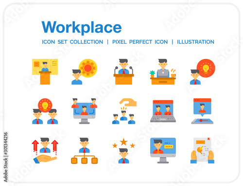 Fototapeta Naklejka Na Ścianę i Meble -  Workplace Icons Set. UI Pixel Perfect Well-crafted Vector Thin Line Icons. The illustrations are a vector.