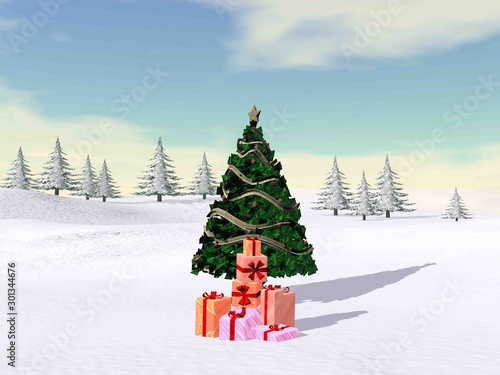 Christmas tree in the mountain - 3D render © Elenarts