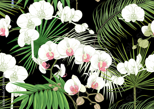Tropical plants and flowers. Seamless pattern, background. Colored and outline design. Vector illustration isolated on black background