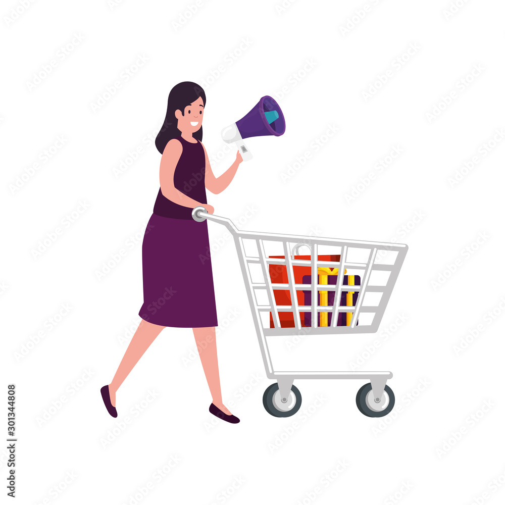 beautiful woman with cart shopping and megaphone vector illustration design