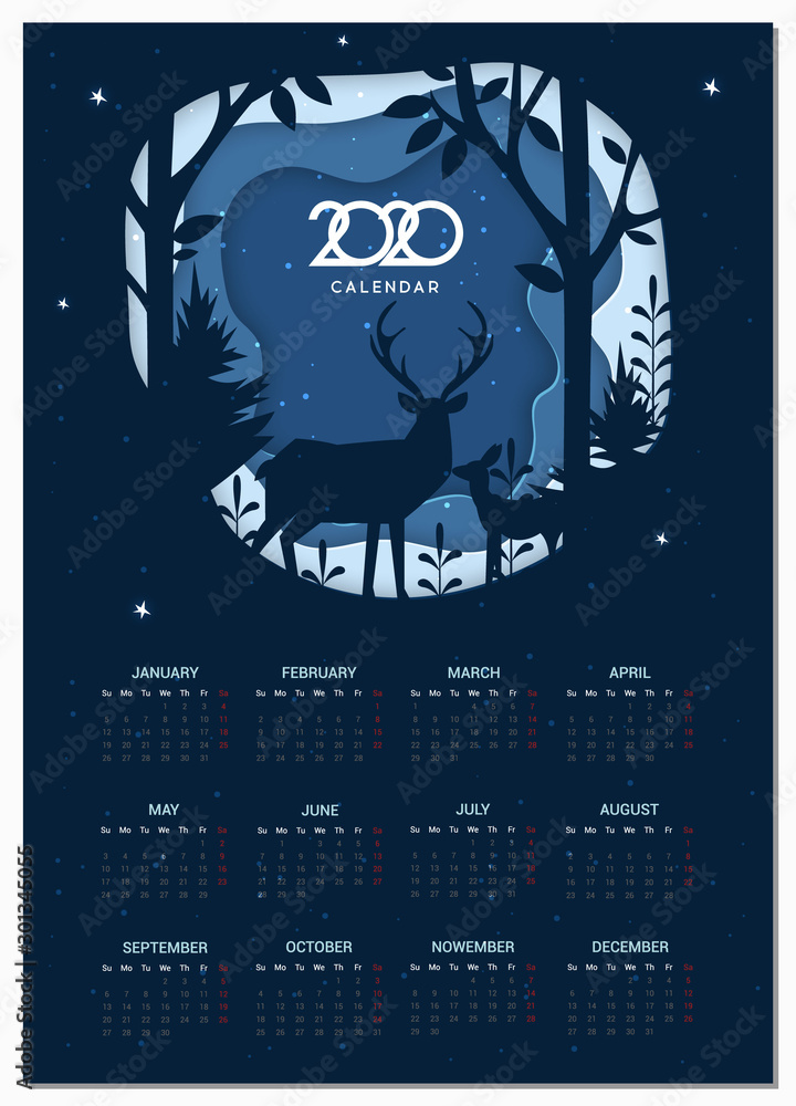 Calendar 2020 vector basic grid. Winter paper cut craft design. Vector illustration Calendar 2020 vector basic grid. Winter paper cut craft design. Vector illustration