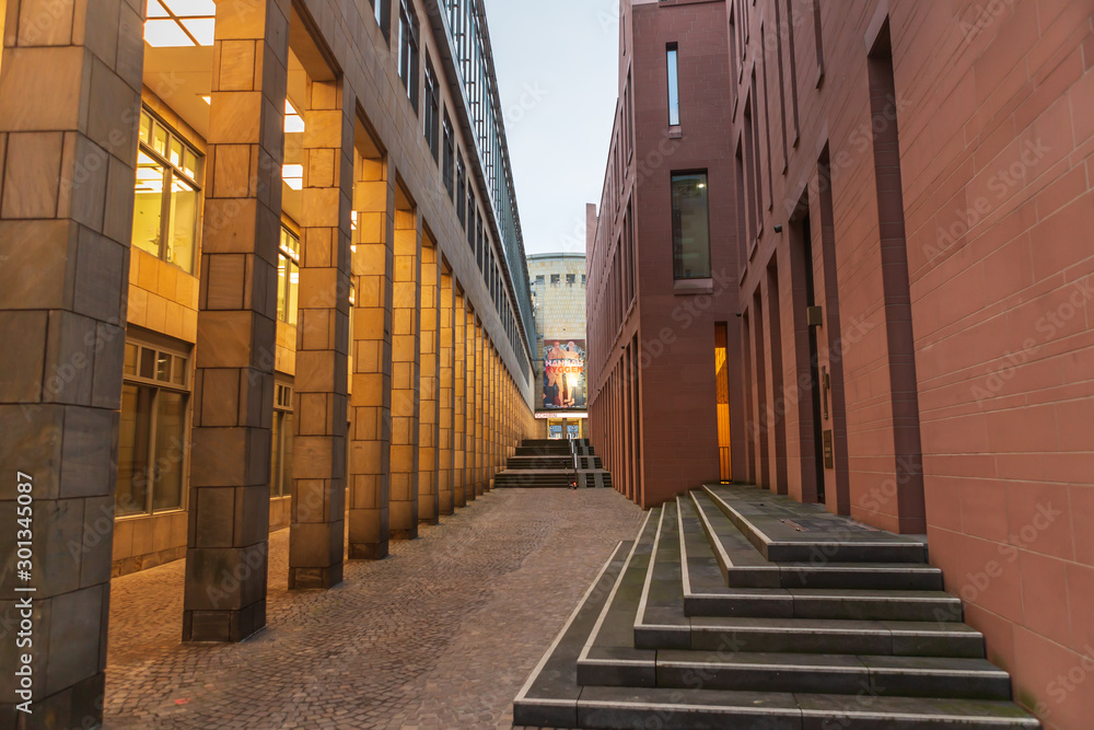 Buildings in Frankfurt am Main Morning. Frankfurt architecture with central banks. 08.11.2019, Frankfurt am main, Germany. Buildings in Frankfurt am Main Morning. Frankfurt architecture with central banks. 08.11.2019, Frankfurt am main, Germany.