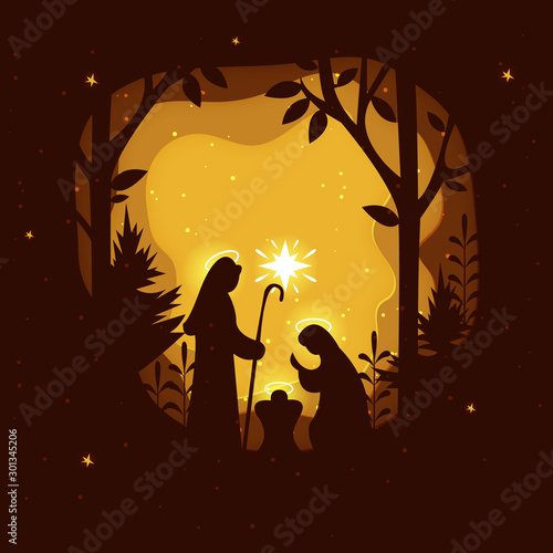 Birth of Christ. Nativity scene with Holy Family. Paper art illustrations.