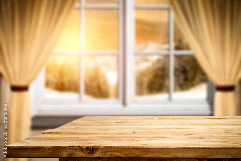 Wooden desk of free space and winter window sill Wooden desk of free space and winter window sill