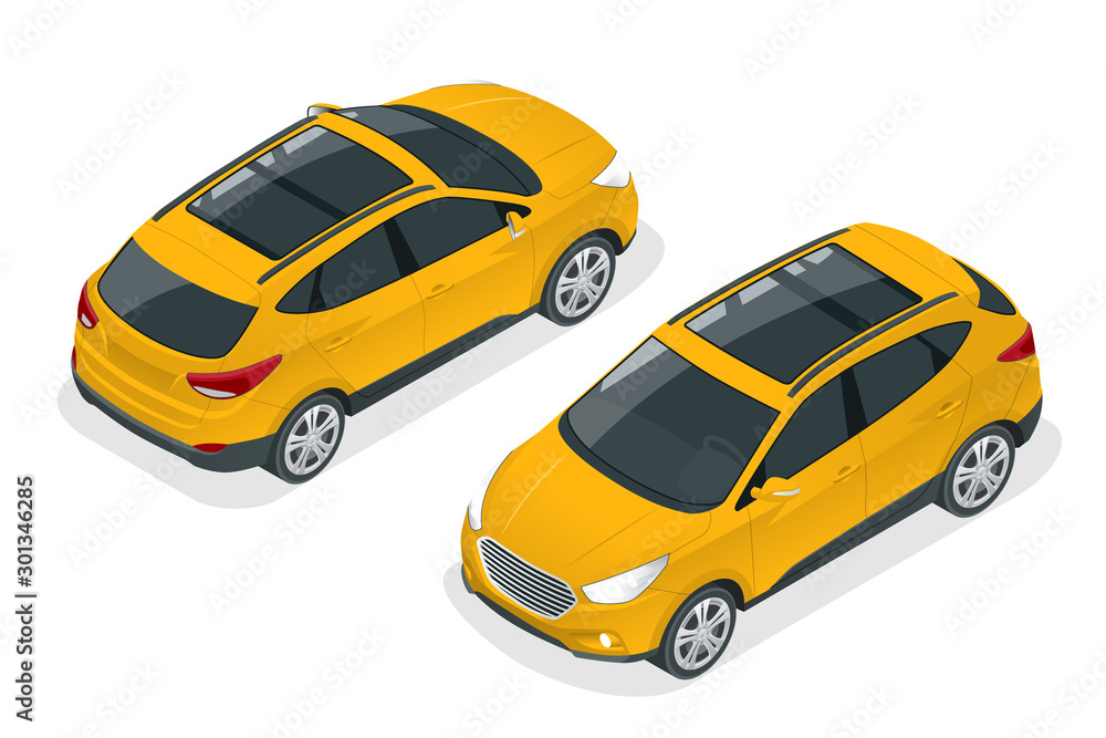 Isometric Car Yellow Hatchback 4-door Icons. Car template on white background. Hatchback isolated. Isometric Car Yellow Hatchback 4-door Icons. Car template on white background. Hatchback isolated.