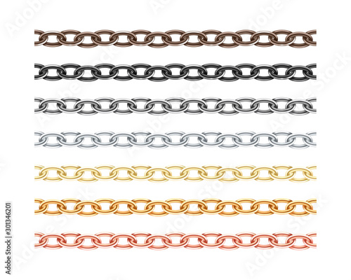 Big collection different metal chain seamless texture. Silver, gold, platinum, iron, copper color chains link set isolated on white background.