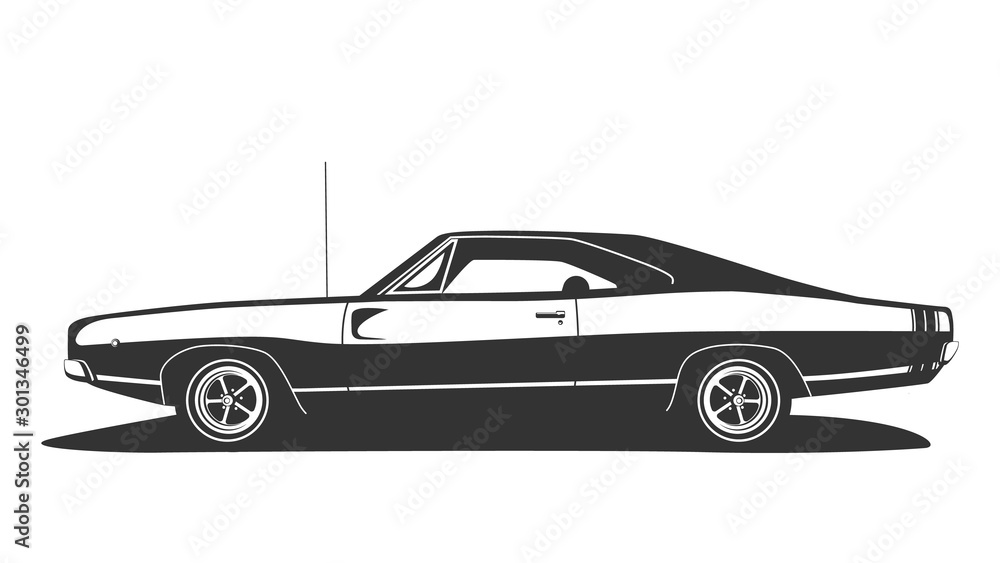 American muscle car vector. Vintage hot rod with power motor cupe. USA cars logo design. Template for t shirt print.