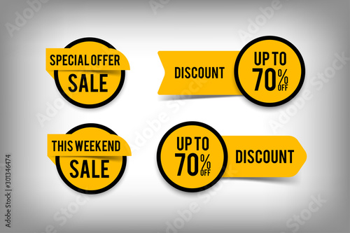 Sale button set for website and print, yellow discount icons. Vector elements, eps10