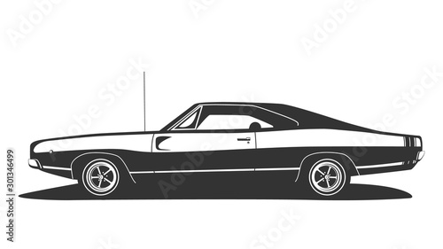 American muscle car vector. Vintage hot rod with power motor cupe. USA cars logo design. Template for t shirt print.