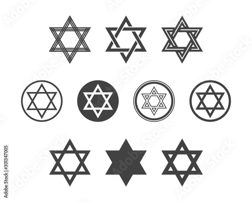 Shield Magen David Star vector set. Symbol of Israel. Black icon on white background. Flat design.