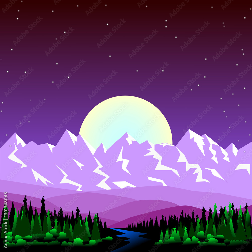 Coniferous forest, river, hills, snow-capped mountains in the moonlight against a dark night sky with stars and a large moon. Vector illustration.