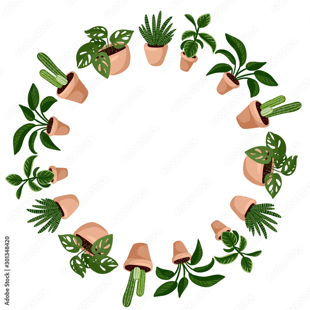 Naklejka premium Cute succulents cartoon style wreath ornament design. Set of hygge potted succulent plants. Cozy lagom scandinavian style collection of plants