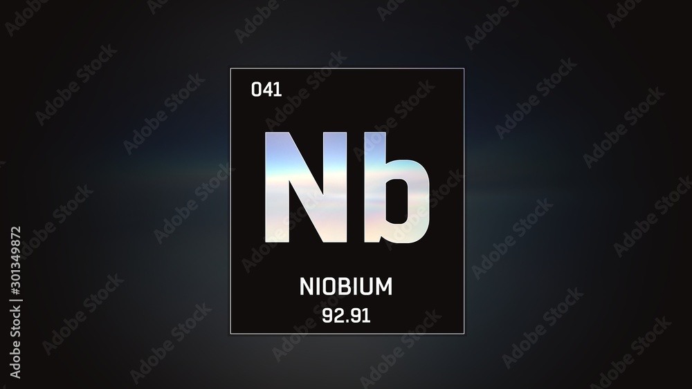 3D illustration of Niobium as Element 41 of the Periodic Table. Grey illuminated atom design background with orbiting electrons. Design shows name, atomic weight and element number 3D illustration of Niobium as Element 41 of the Periodic Table. Grey illuminated atom design background with orbiting electrons. Design shows name, atomic weight and element number