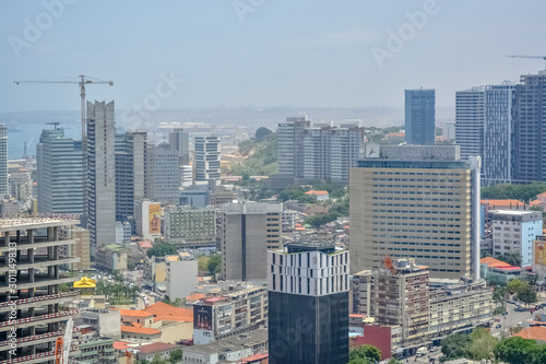 Aerial view of downtown Luanda, bay and Port of Luanda, marginal and central buildings, in Angola