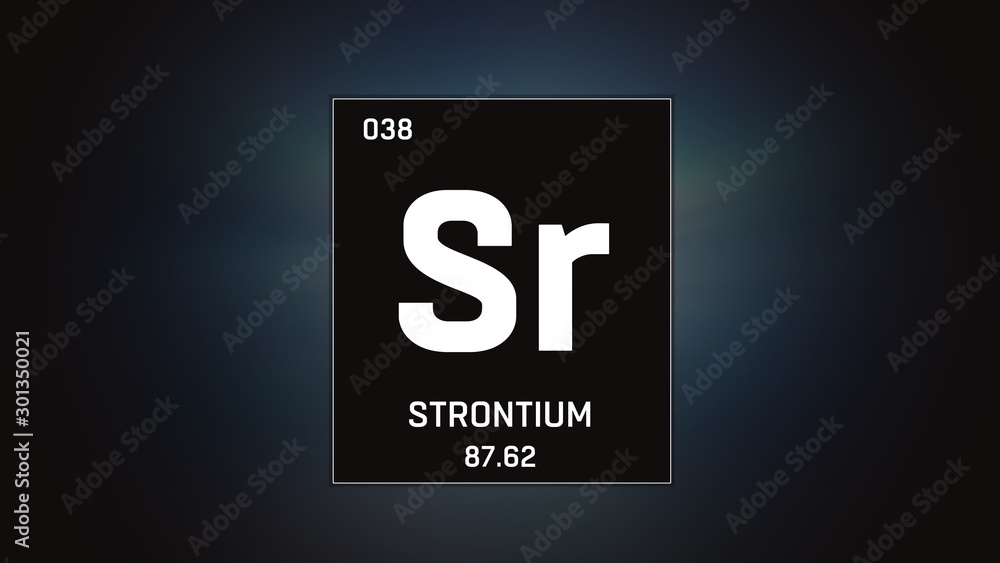 3D illustration of Strontium as Element 38 of the Periodic Table. Grey illuminated atom design background with orbiting electrons. Design shows name, atomic weight and element number 3D illustration of Strontium as Element 38 of the Periodic Table. Grey illuminated atom design background with orbiting electrons. Design shows name, atomic weight and element number