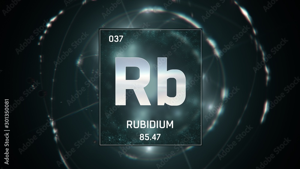 3D illustration of Rubidium as Element 37 of the Periodic Table. Green illuminated atom design background with orbiting electrons. Design shows name, atomic weight and element number 3D illustration of Rubidium as Element 37 of the Periodic Table. Green illuminated atom design background with orbiting electrons. Design shows name, atomic weight and element number