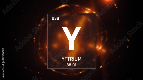 3D illustration of Yttrium as Element 39 of the Periodic Table. Orange illuminated atom design background with orbiting electrons. Design shows name, atomic weight and element number photo