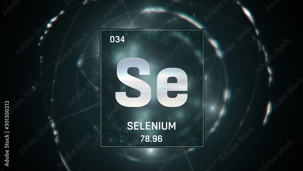 3D illustration of Selenium as Element 34 of the Periodic Table. Green illuminated atom design background with orbiting electrons. Design shows name, atomic weight and element number 3D illustration of Selenium as Element 34 of the Periodic Table. Green illuminated atom design background with orbiting electrons. Design shows name, atomic weight and element number