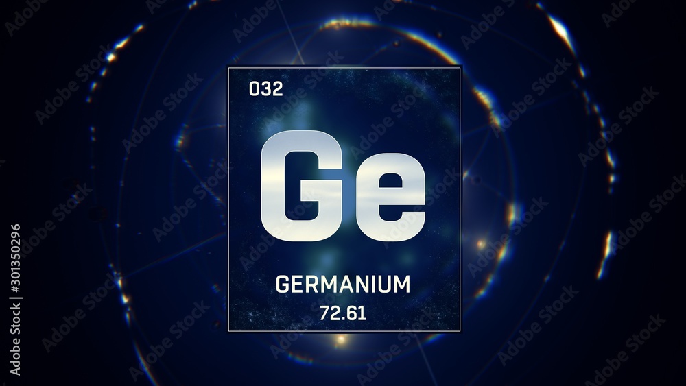 3D illustration of Germanium as Element 32 of the Periodic Table. Blue illuminated atom design background with orbiting electrons. Design shows name, atomic weight and element number