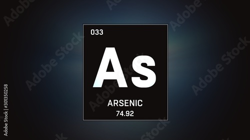 3D illustration of Arsenic as Element 33 of the Periodic Table. Grey illuminated atom design background with orbiting electrons. Design shows name, atomic weight and element number