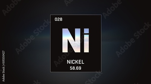 3D illustration of Nickel as Element 28 of the Periodic Table. Grey illuminated atom design background with orbiting electrons. Design shows name, atomic weight and element number