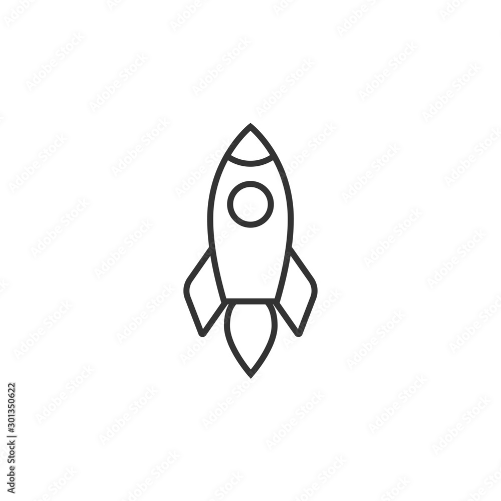 Outline rocket ship with fire. Isolated on white. Flat line icon. Vector illustration with flying rocket. Outline rocket ship with fire. Isolated on white. Flat line icon. Vector illustration with flying rocket.