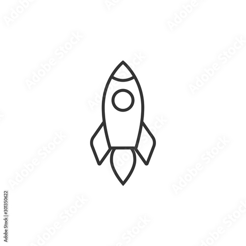 Outline rocket ship with fire. Isolated on white. Flat line icon. Vector illustration with flying rocket.