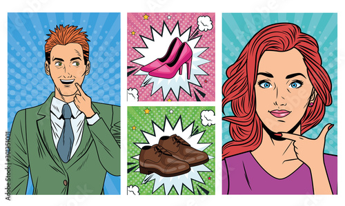 business couple with shoes accessories pop art style