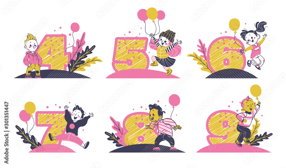 Collection of hand drawn decorative number with happy kids arranging for baby birthday party cards, cake, invitations, posters, kids room decor design. Sketch style, vector illustration.