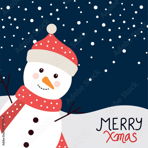 merry christmas poster with snowman in winter landscape design