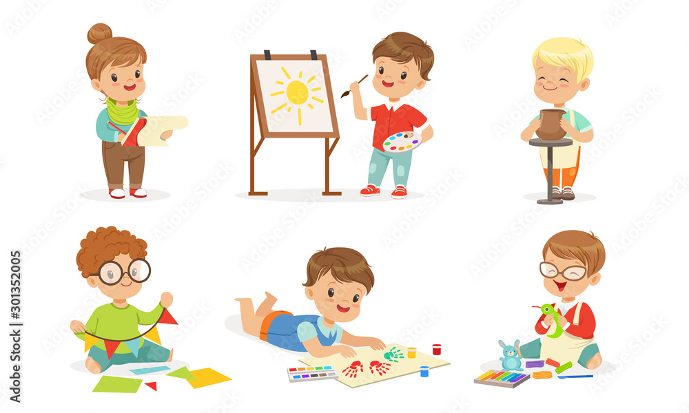 Toddlers are engaged in creativity. Vector illustration.