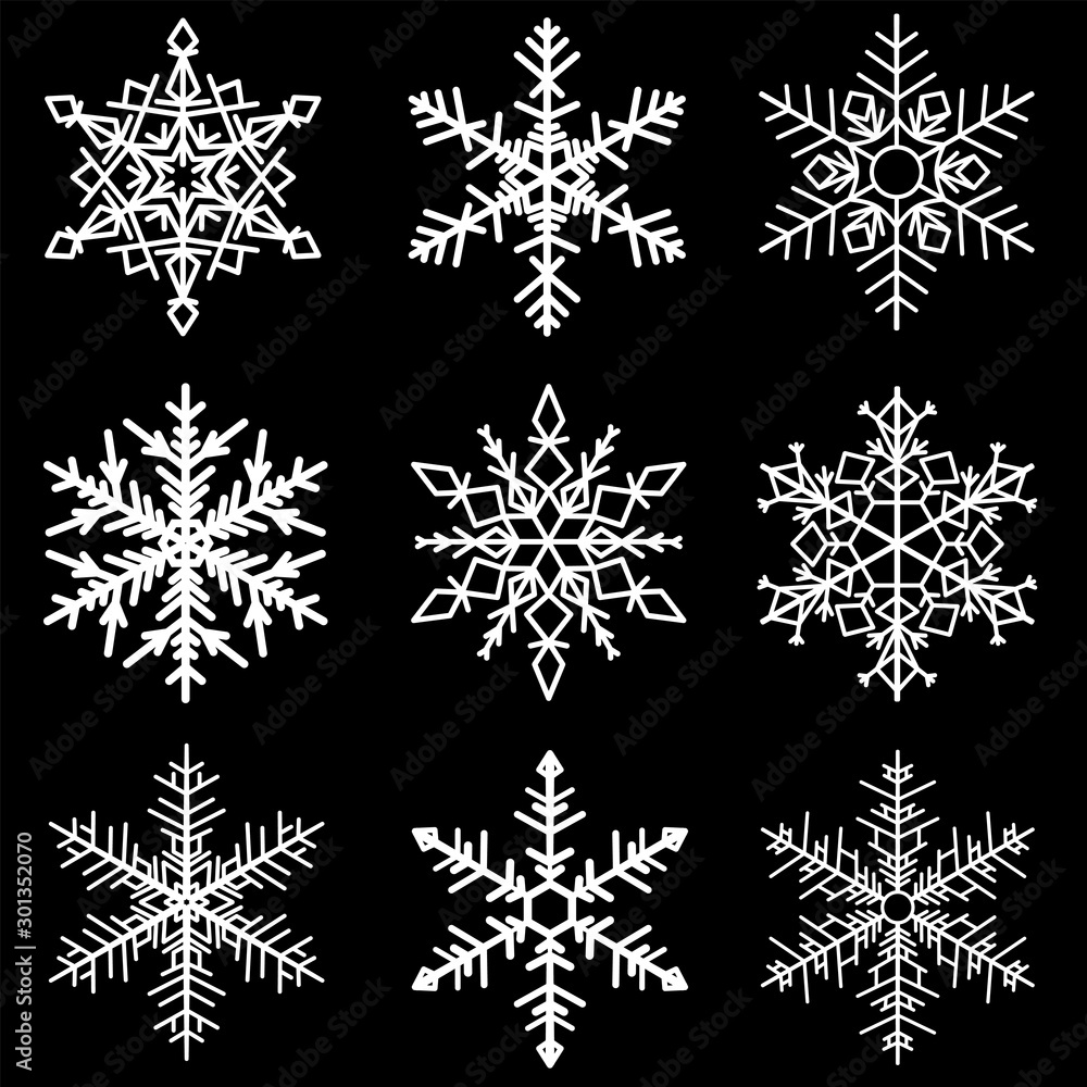 Various winter snowflakes vector. Set of nine white snowflake on black background Various winter snowflakes vector. Set of nine white snowflake on black background