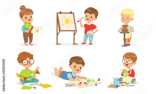 Toddlers are engaged in creativity. Vector illustration.