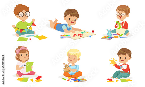 Boys and girls are engaged in creativity. Vector illustration.