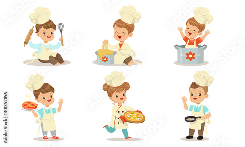 Toddlers in cook suits are cooking. Vector illustration.
