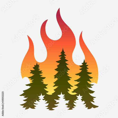 Forest fire, fir trees in fire. Simple vector