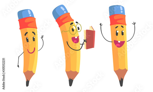 Yellow humanized pencil with hands and face. Vector illustration.