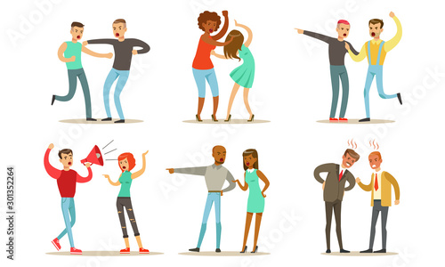 People fight and argue with each other. Vector illustration.