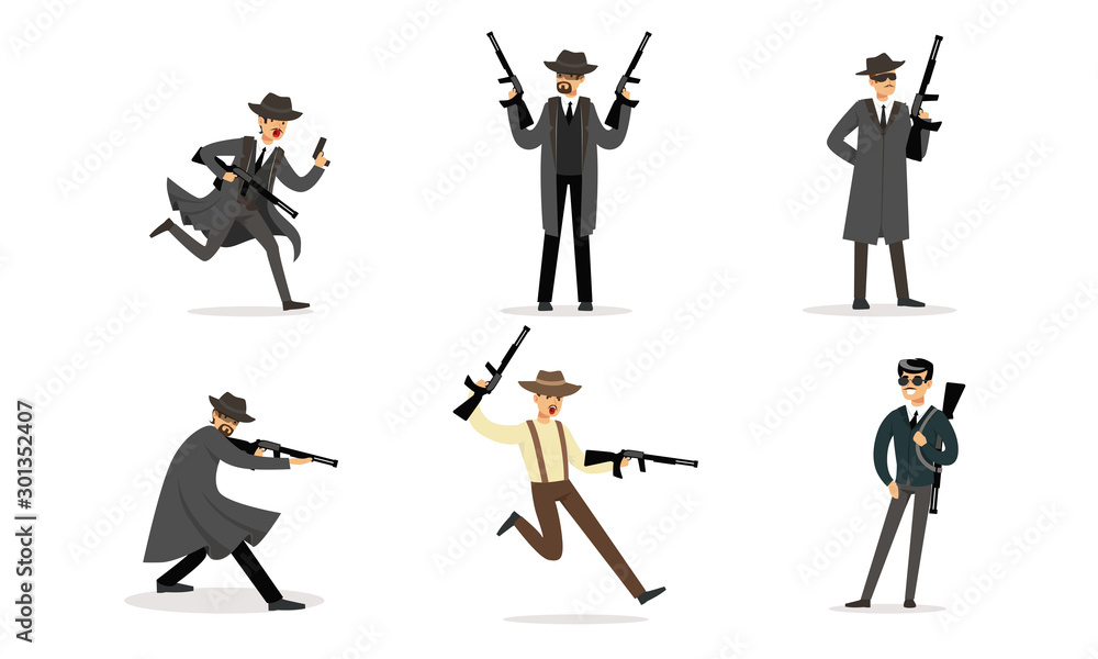 Gangsters with weapons in their hands. Vector illustration. Gangsters with weapons in their hands. Vector illustration.