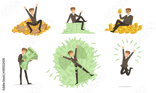 Men in classic costumes bathe in money. Vector illustration.