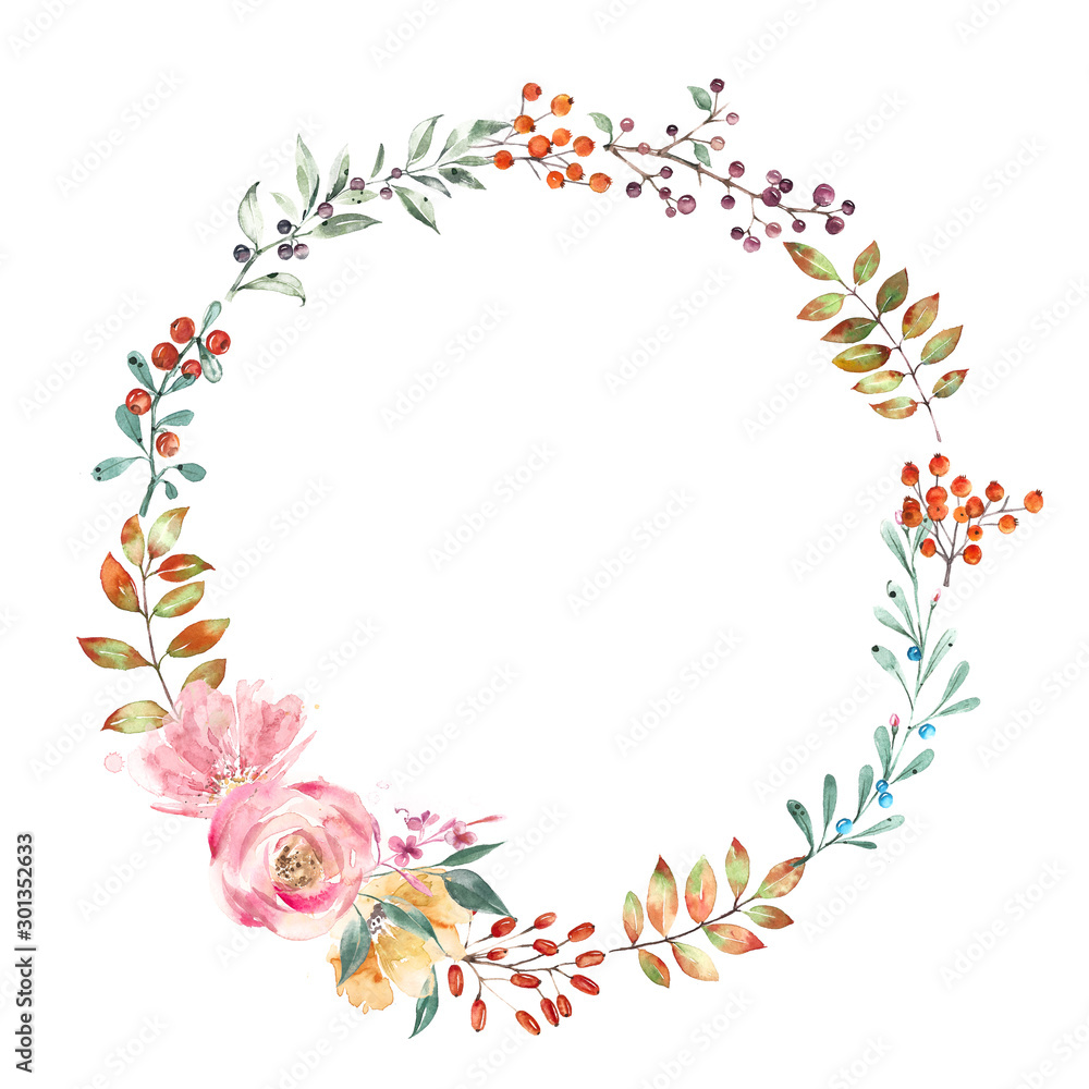 Wreath of autumn flowers, leaves and berries. Isolated on white background, watercolor illustration.
