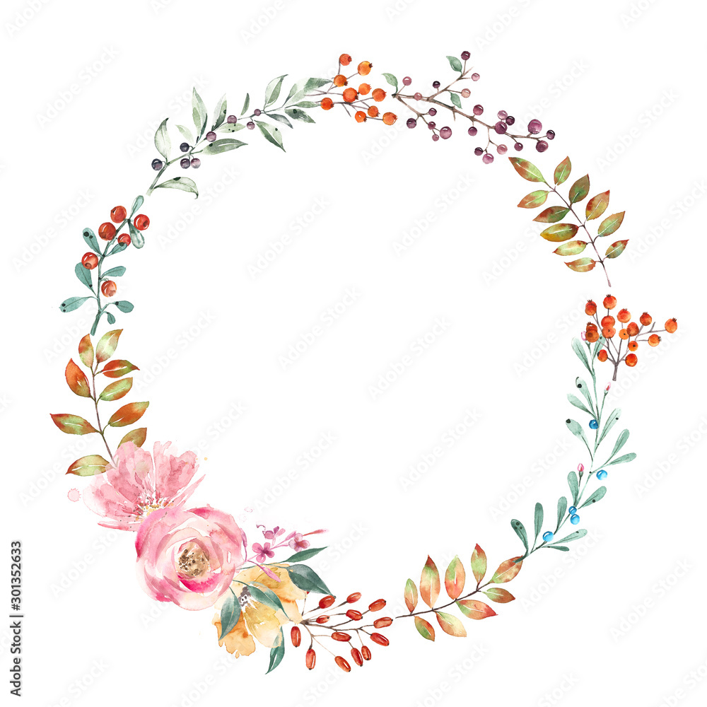 Wreath of autumn flowers, leaves and berries. Isolated on white background, watercolor illustration. Wreath of autumn flowers, leaves and berries. Isolated on white background, watercolor illustration.