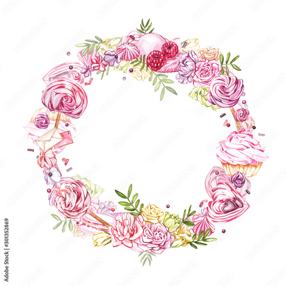 Watercolor image of a wreath of sweets, candies in the shape of hearts, chocolates, cakes and envelope, Valentine's Day. Perfect for cards, prints, invitations, birthday cards. Watercolor image of a wreath of sweets, candies in the shape of hearts, chocolates, cakes and envelope, Valentine's Day. Perfect for cards, prints, invitations, birthday cards.