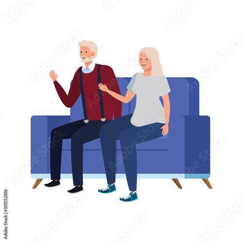 old couple seated in sofa avatar character vector illustration design