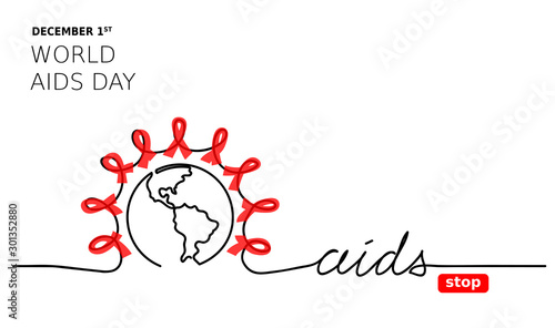 World Aids Day, december 1. Vector banner, background with continuous one line drawing globe and red ribbons. Stop aids lettering.
