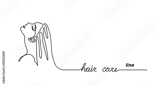 Girl, woman profile, face. Hair care line: shampoo, hair conditioner, hair mask promotion. Simple  vector banner. One continuous line drawing background.